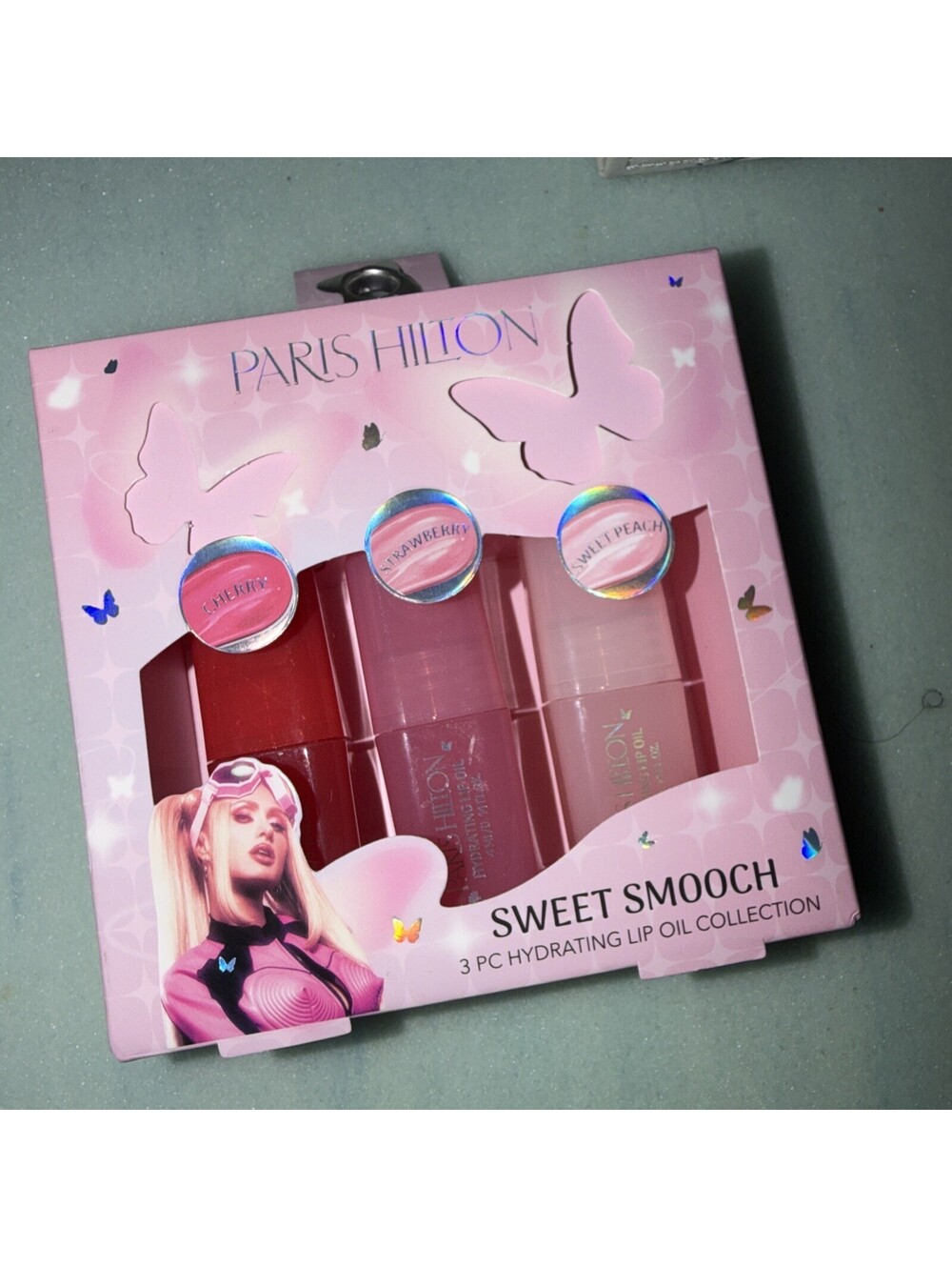 Paris Hilton Sweet Smooch 3 Pc Hydrating Lip Oil Set Cherry Strawberry Peach New